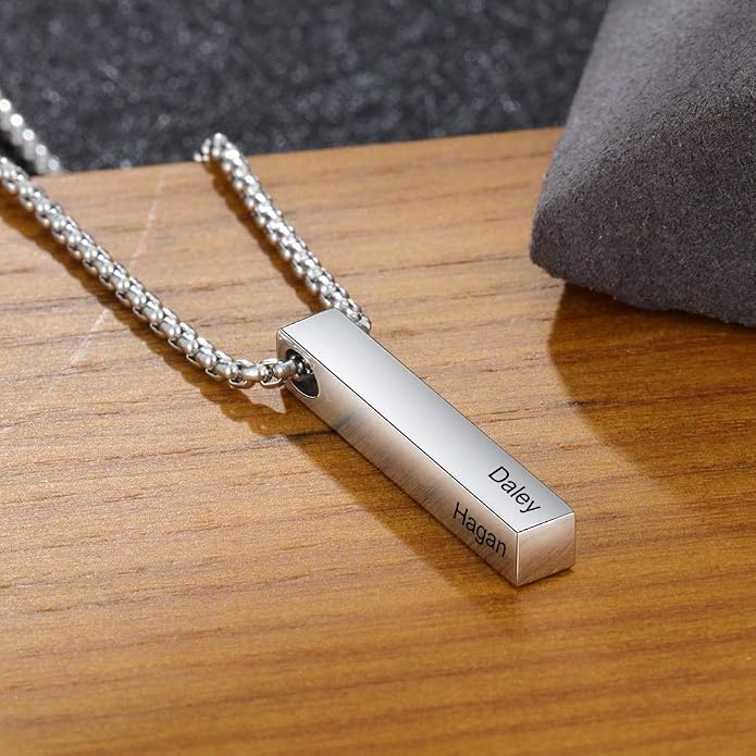 Personalized Men's Name Bar Necklace Engraved Initial Name Stainless Steel Vertical Bar Necklace for Father Husband Boyfriend Birthday