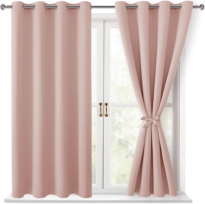 Hiasan Blackout Curtains for Bedroom - Thermal Insulated Light Blocking Window Curtains for Living Room/Kids Room, 2 Drape Panels Sewn with Tiebacks, Blush, 52 x 45 Inch