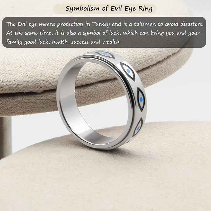 OreilleStar Anxiety Ring for Women Spinner Ring Titanium Stainless Steel Fidget Ring Men 6mm Width With Dog Paw Kitty Cat Face Evil Eye Pattern Spinning Outer Band Size 6 7 8 9 10