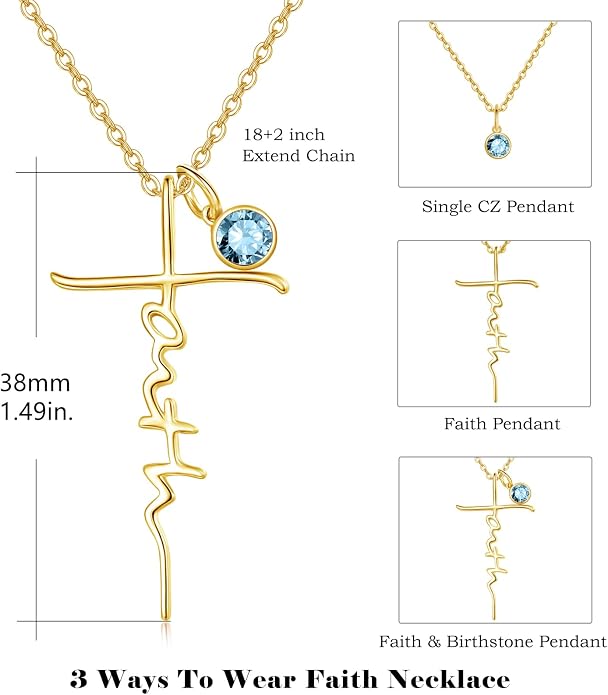 PRAYMOS Faith Cross Necklace for Women 925 Sterling Silver Pendant Necklace With Birthstone Initial Christian Religious Confirmation Baptism Mothers Day Gifts