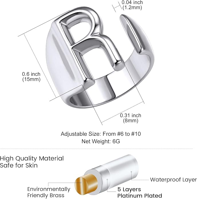 KeyStyle Bold Initial Letter Rings Adjustable, GoldChic Jewelry Women Gold Statement Ring Personalized Engraved Women’s Open Signet Ring for Party (Gold, White Gold, Black)