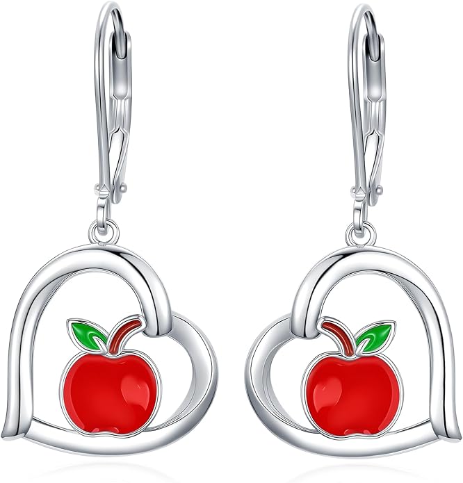 Midari Heart Dangle Earrings 925 Sterling Silver Leverback Drop Earrings Teacher Music Art Jewelry Gifts for Women Students Apple/Guitar/Palette/Note Design