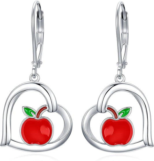 Midari Heart Dangle Earrings 925 Sterling Silver Leverback Drop Earrings Teacher Music Art Jewelry Gifts for Women Students Apple/Guitar/Palette/Note Design