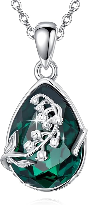 925 Sterling Silver Birth Flower Necklace with Teardrop Shaped Birthstone - 12 Colors, 12 Kinds of Flower - Ideal Birthday Jewelry Gift for Women, Mothers, Daughters & Wives
