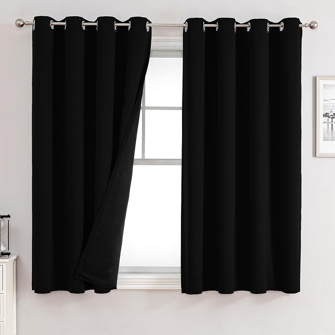 ChrisDowa 100% Blackout Curtains for Bedroom 2 Panels Set with Black Liner | 2 Thick Layers, Thermal Insulated, Light Blocking, Grommet, Window Treatment, Living Room Drapes, Black, 52 x 54 Inch