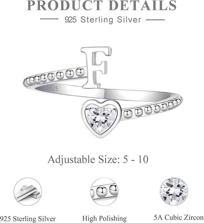 Step Forward 925 Sterling Silver Adjustable Initial Ring for Women | Non Tarnish Letter Rings for Lady | Alphabet Heart Thumb Rings | Capital Letter Jewelry Gifts