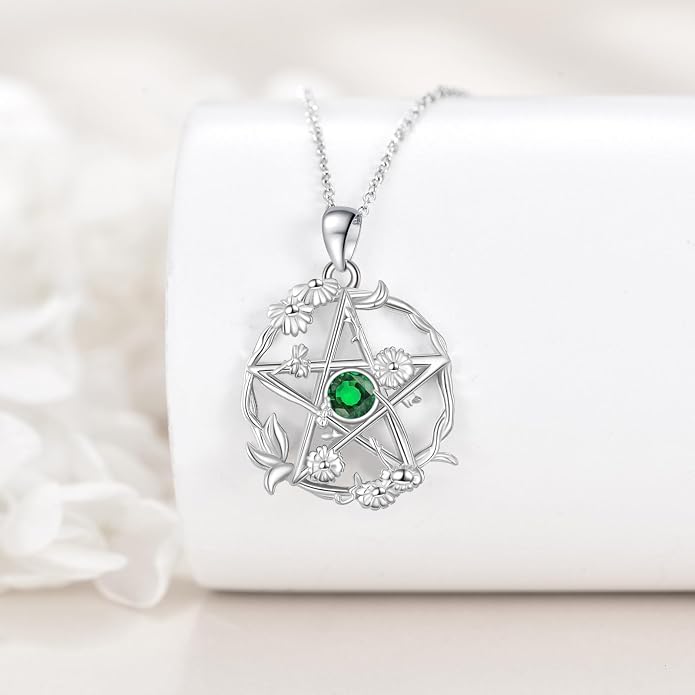 Birthstone Pentagram Necklace for Women 925 Sterling Silver Pentacle Daisy Pendant Pentacle Jewelry Birthday Gifts