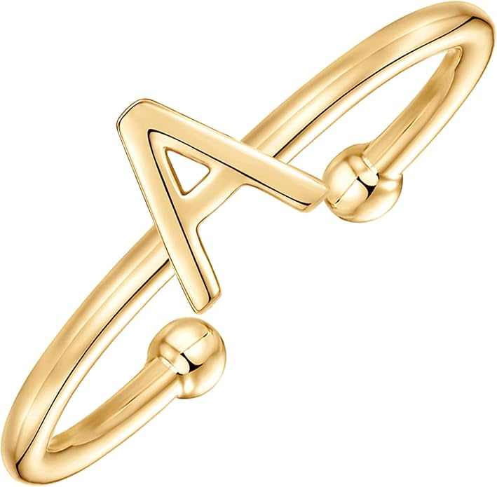 PAVOI 14K Gold Plated Initial Letter Adjustable Ring for Women - Thin Initial Band - Dainty Fashion Jewelry Gifts