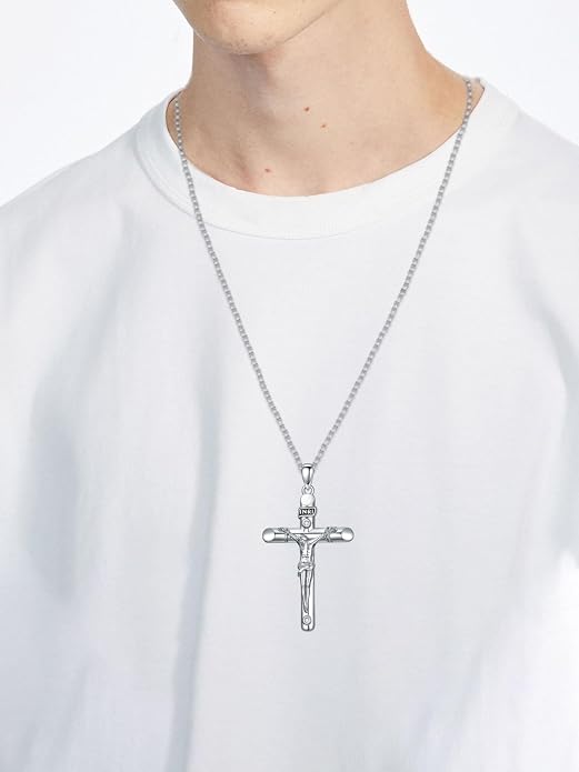 KXJ S925 Sterling Silver Black Cross/Best Dad/Baseball Bat/Silver Cross/Ankh Cross/Crucifix with 22+2 Inches Stainless Steel Rolo Chain Cross Necklace for Men Women Christian Religious Jewelry Gifts