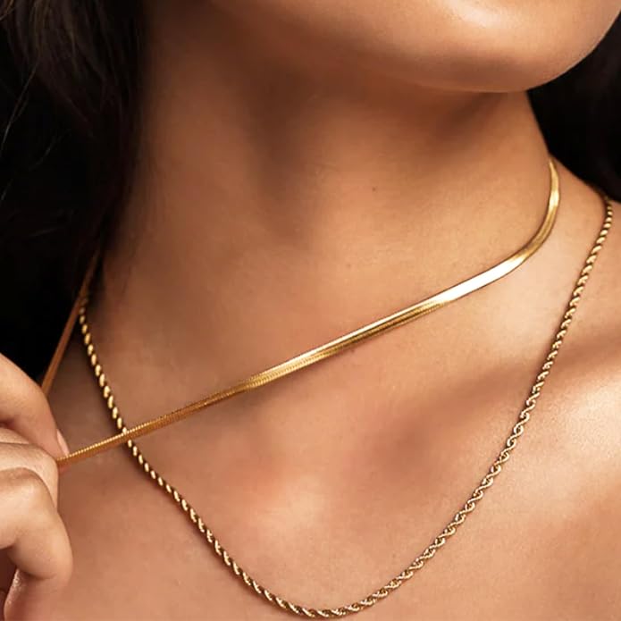 18K Gold Plated Herringbone Necklace Set for Women - Set of 2 (16"+18"),Layered Flat Snake Chain Choker-18K Gold & White Gold Tone -Tarnish Resistant Jewelry Gifts for Women/Girl
