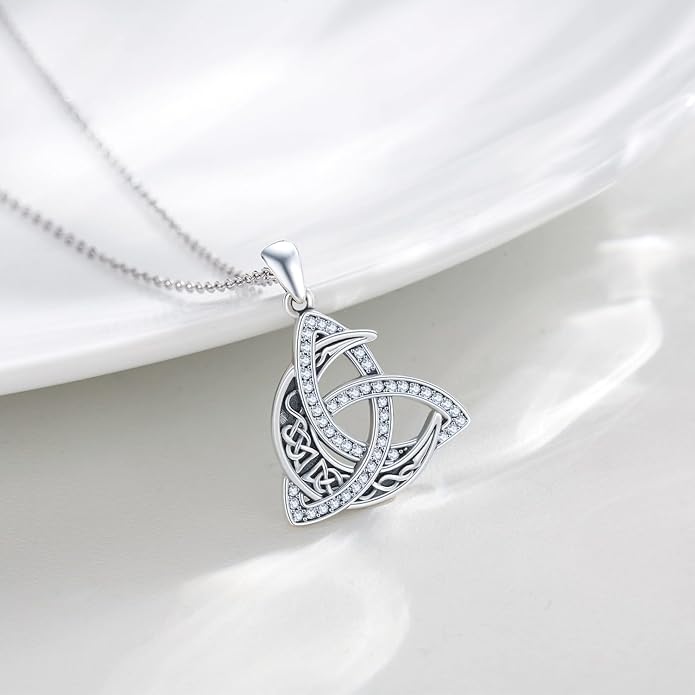 CHENGHONG Celtic Moon Necklace for Women 925 Sterling Silver Celtic Knot Moonstone Pendant Necklace Crescent Irish Necklaces Celtics Jewelry Gift for Women Men