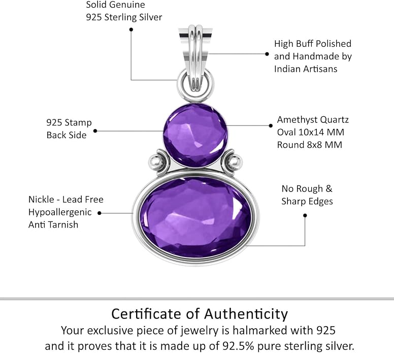 Handmade Genuine 925 Sterling Silver Pendant Necklace Natural Gemstone Crystal, Lapis, Onyx, Amber Oval Round Boho Jewelry For Women