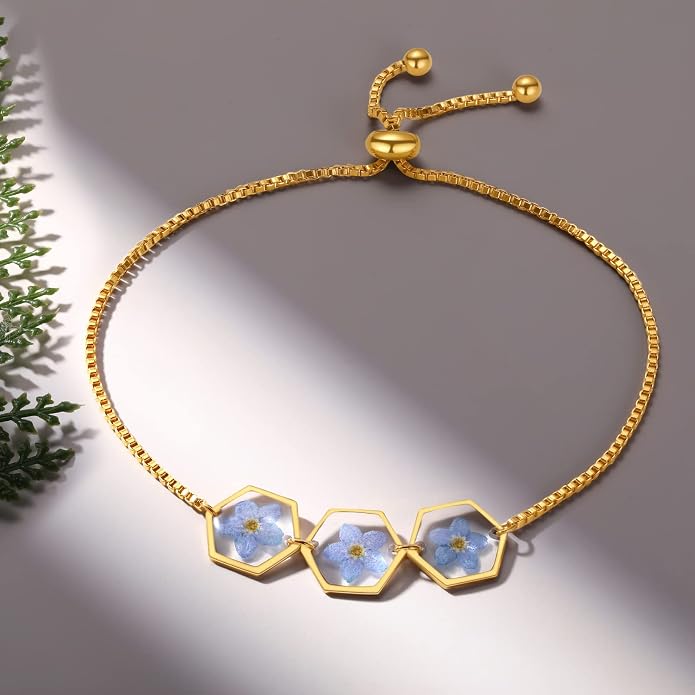 AUNTESIGN Forget-Me-Not Pressed Wildflower Bracelet | Pressed Flower Bracelet | Gold/Silver Pressed Flower Jewelry | Personalized Handmade Jewelry | Gift For Women