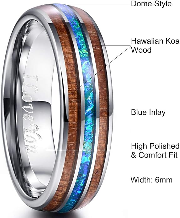 Vakki 6mm/8mm Tungsten Rings for Men Hawaiian Koa Wood Inlay Dome Abalone Shell/Blue Center Wedding Bands Comfort Fit Size 4 to 17