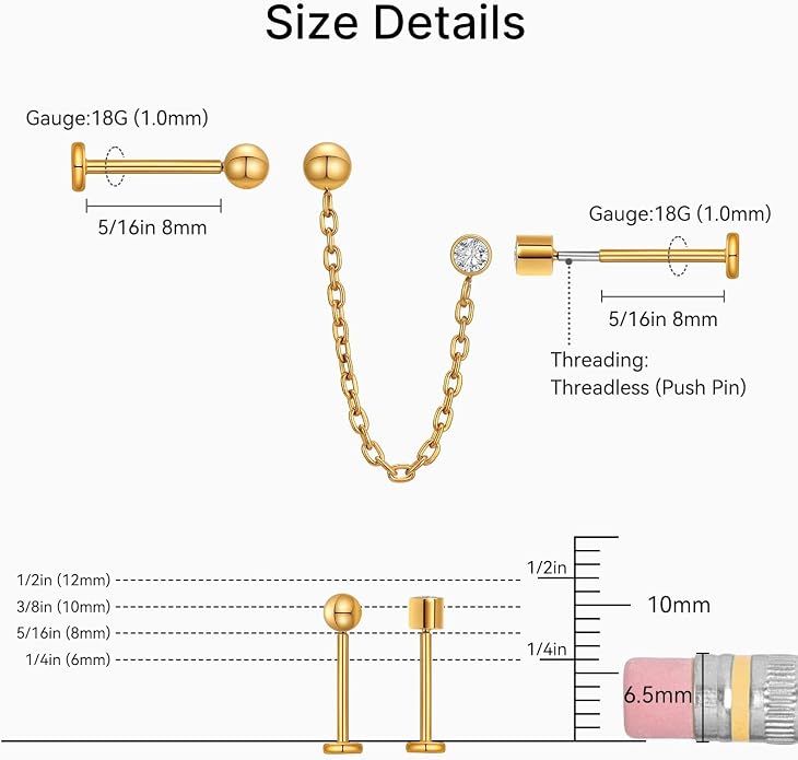 1 Pair ASTM F136 Titanium Double Piercing Dangle Earrings, Cubic Zirconia Dainty Chain Earrings for Helix Conch Earlobe