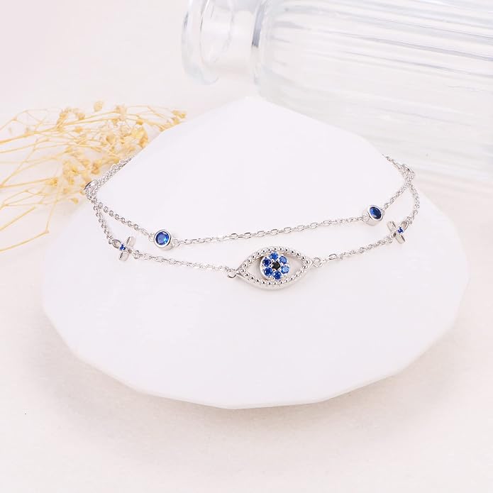 Anklets for Women 925 Sterling Silver Blue Evil Eye Infinity Butterfly Adjustable Multilayer Layered Summer Beach Ankle Bracelet Foot Chain Jewelry for Women