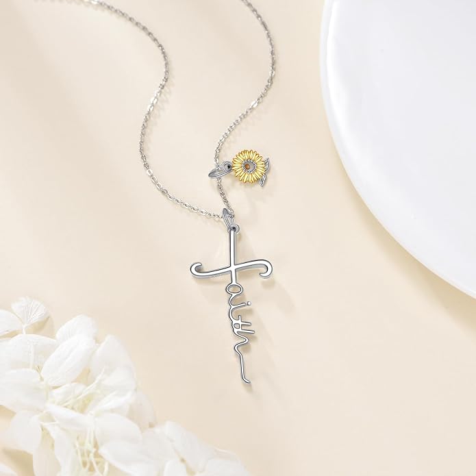 Faith Cross Necklace For Women Birthstone Sterling Silver with Simulated Birthstone Cross Jewelry Christian Gifts