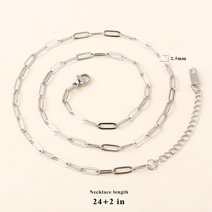 10PCS Paperclip Chains Necklace Bulk 2.5MM 24 Inches Stainless Steel Finished Paperclip Link Chain Bulk forJewelry Making