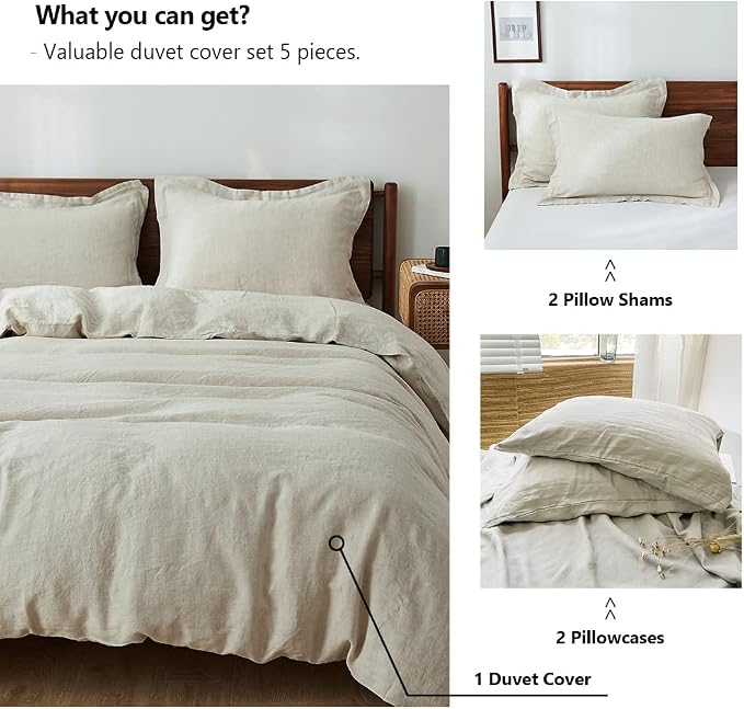 Simple&Opulence 100% Washed Linen Duvet Cover Set 5pcs(1 Duvet Cover& 2 Shams& 2 Pillowcases) Basic Style Natural French Flax Soft Breathable Farmhouse Bedding (King, Linen)
