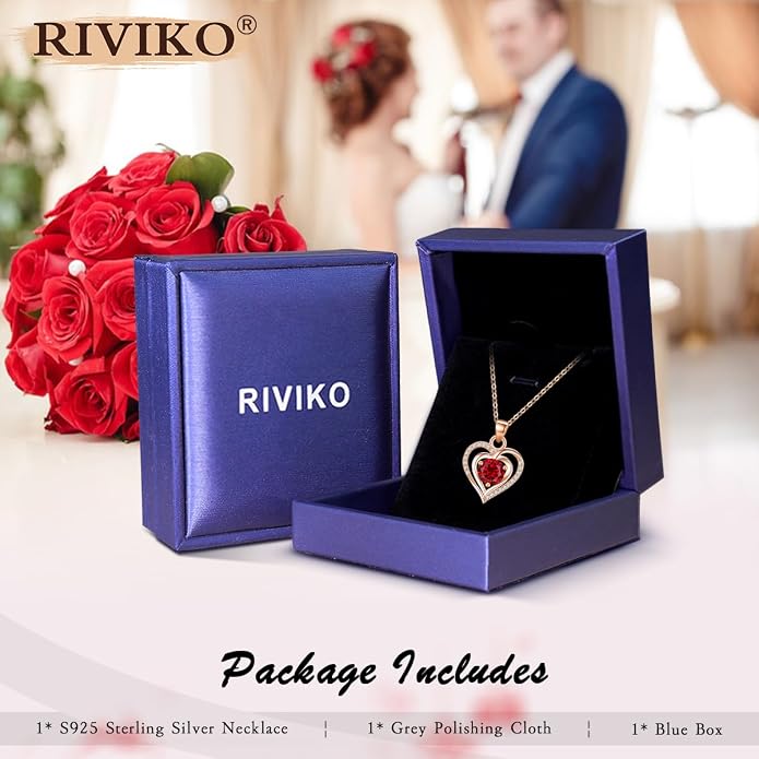 RIVIKO Heart Birthstone Pendant Necklace for Women 925 Sterling Silver Zirconia Necklaces Valentine's Day Anniversary Birthday Mothers Day Jewelry Gifts For Her Mother Wife