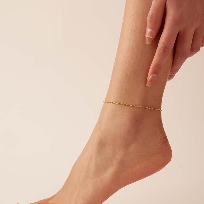 Dainty Ankle Bracelets for Women 18K Gold Plated Satellite Beaded Herringbone Lip Chain Anklets Simple Minimalist Summer Beach Foot Jewelry Christmas Gifts