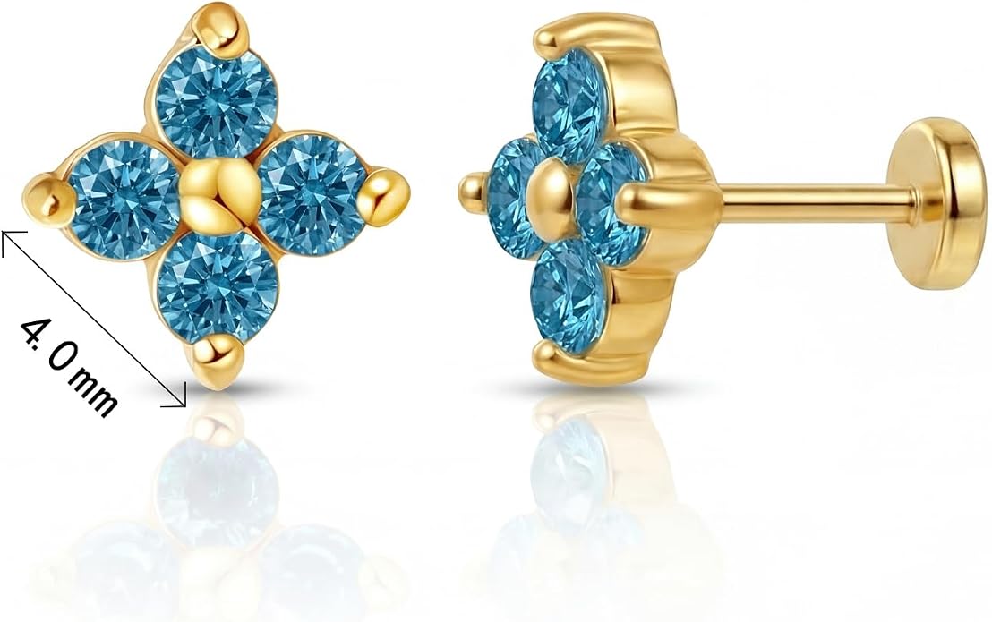 FANSING Short Threadless Cartilage Earring Stackable CZ Birthstone Flat Back Earrings for Women Small Stud Earrings for Tragus Helix Earlobe 18K Gold Plated ‌Rainbow 5.0mm