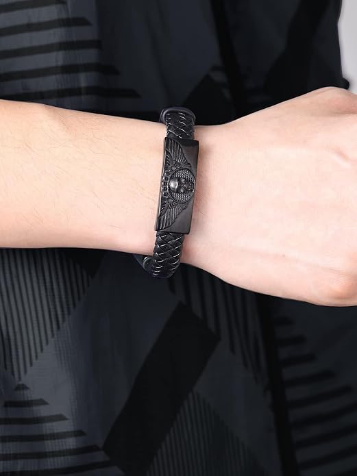 ChainsHouse Mens Wrap Braided Leather Black Bead Bracelets Bangles, Vintage Star of David/Wing Skull/Templar Cross Genuine Leather Bracelet, Customize Available, Size 7.5/8.3/9.0 Inch, Send Gift Box
