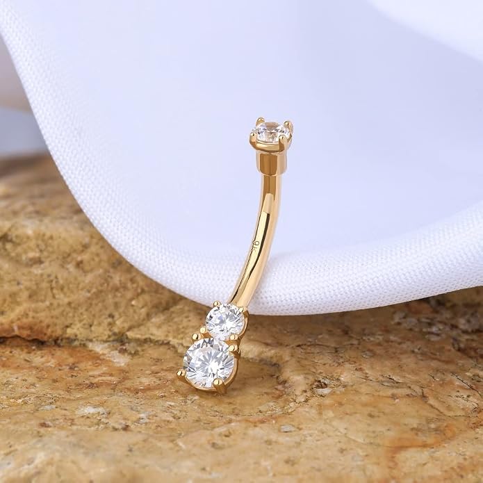 OUFER 14K Solid Gold Belly Navel Button Ring Clear 5A Cubic Zirconia Design Belly Rings Piercing Jewelry