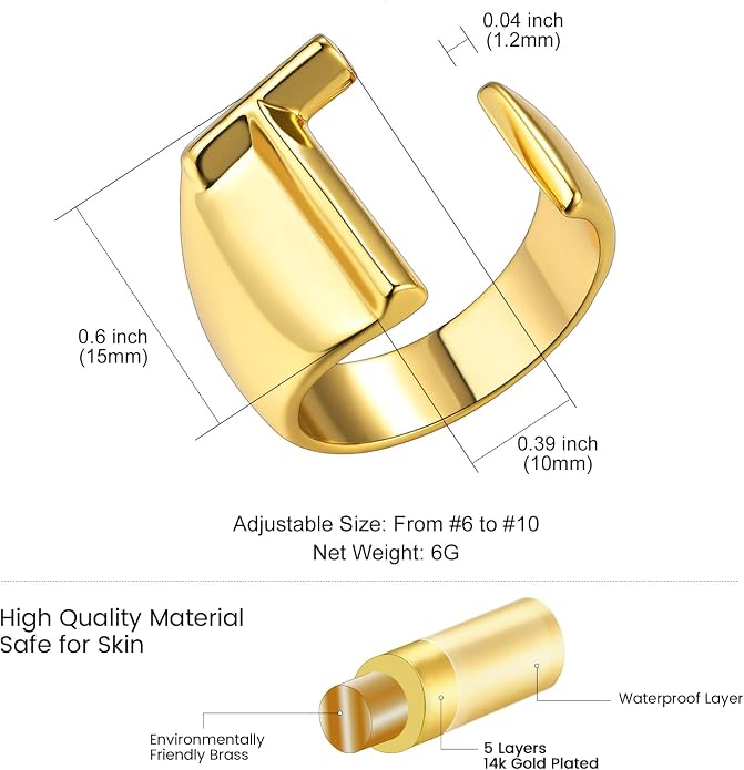KeyStyle Bold Initial Letter Rings Adjustable, GoldChic Jewelry Women Gold Statement Ring Personalized Engraved Women’s Open Signet Ring for Party (Gold, White Gold, Black)