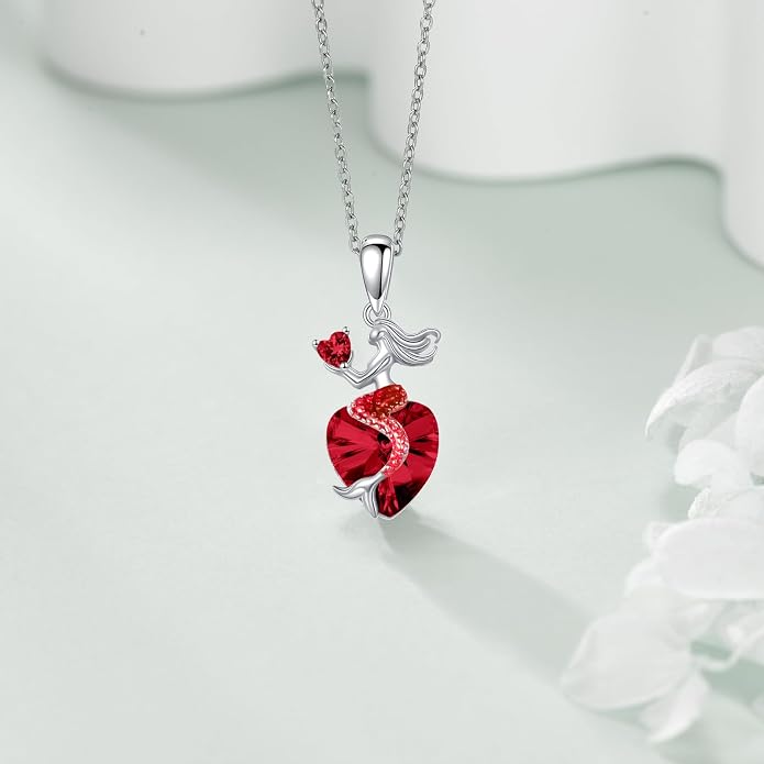 Mermaid Birthstone Necklace for Women 925 Sterling Silver Jewelry Austrian Crystal Pendant Christmas Gifts for Her