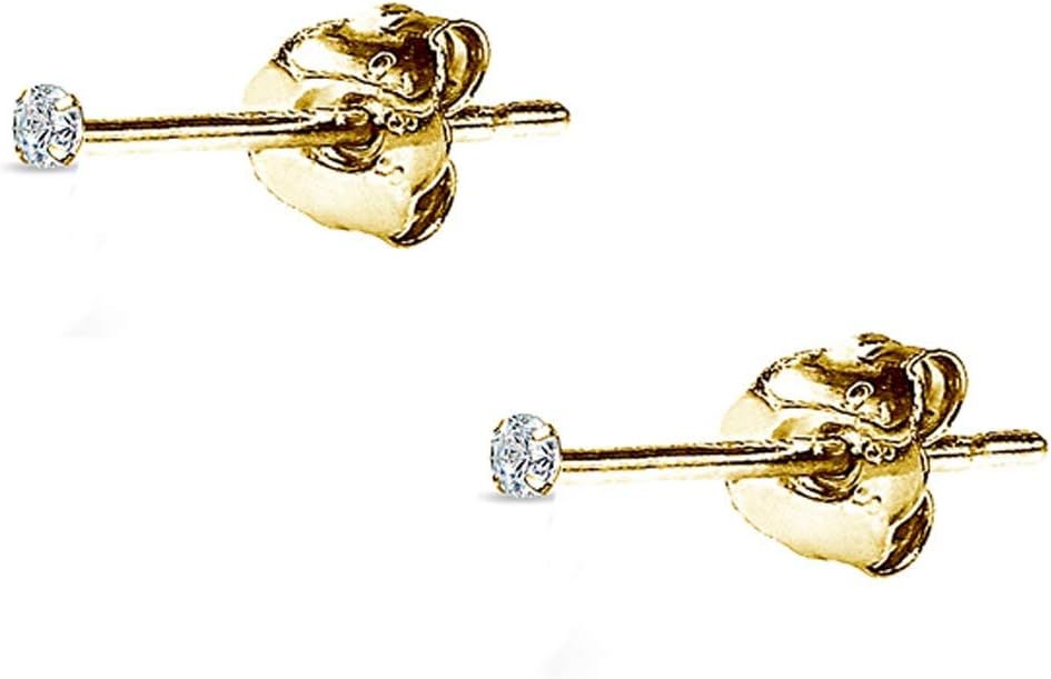 14K Gold Earrings, Round Cubic Zirconia Tiny Small Pierced Long Posts Stud Cartilage CZ Earrings for Women Men, 2mm, 3mm, 4mm, 5mm