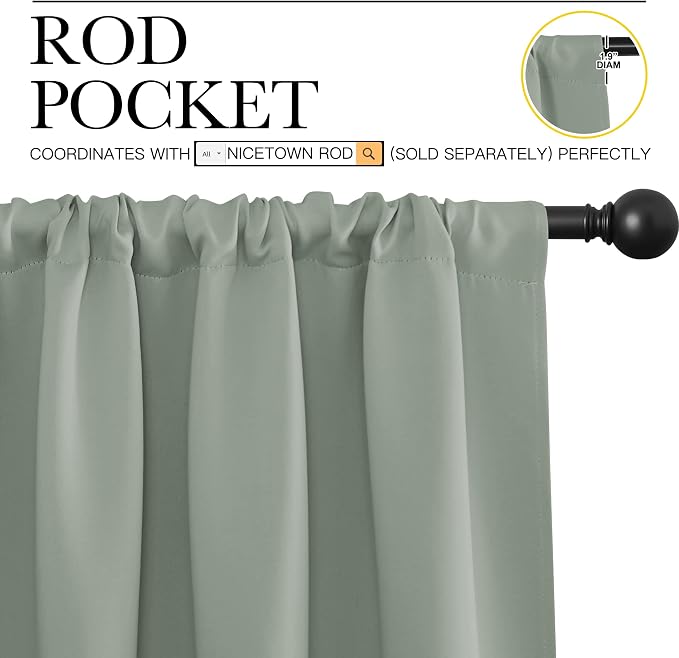NICETOWN Window Curtains Blackout Drapes - Thermal Insulated Solid Rod Pocket Blackout Curtains/Draperies for Living Room (Sage Green, One Pair, 29 by 30-Inch)