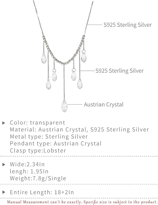 925 Sterling Silver Handmade Crystals Rain Drop Tassel layered Pendant Boho necklace statement Chandelier shape Lobster Clasp Length Choker 18"+2" Ideal Gift for Women Ladies Dress accessories.