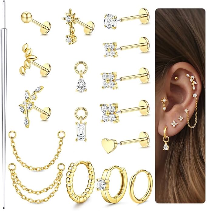 ORAZIO 16G/18G/20G Threadless Flat Back Earrings 316L Surgical Steel Cartilage Earring Stacks Flatback Push in Nose Rings Studs Hypoallergenic Tragus Helix Conch Labret Medusa Piercing Jewelry