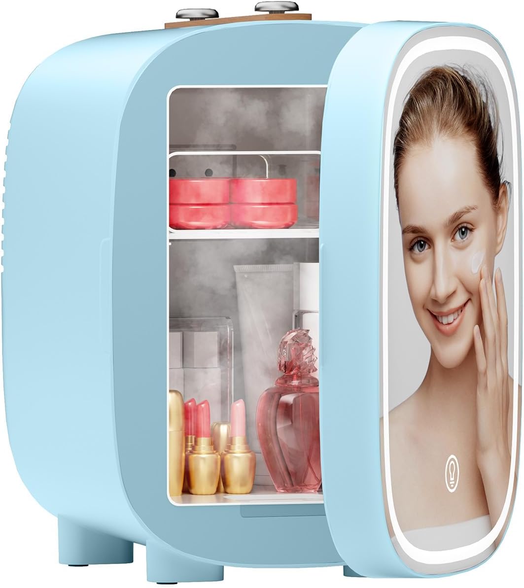 DF01A Skincare Fridge, Mini Fridge for Skincare with 3-Level Dimmable LED Light Mirror, Low Noise 4L Makeup, Cooler & Warmer, Portable Design for Multiple Uses - Bedroom, Office, and Car