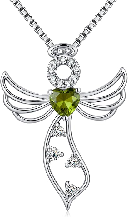 925 Sterling Silver Guardian Angel Pendant Necklace for Women - Birthstone Cubic Zirconia, 18" Chain, Gift for Her