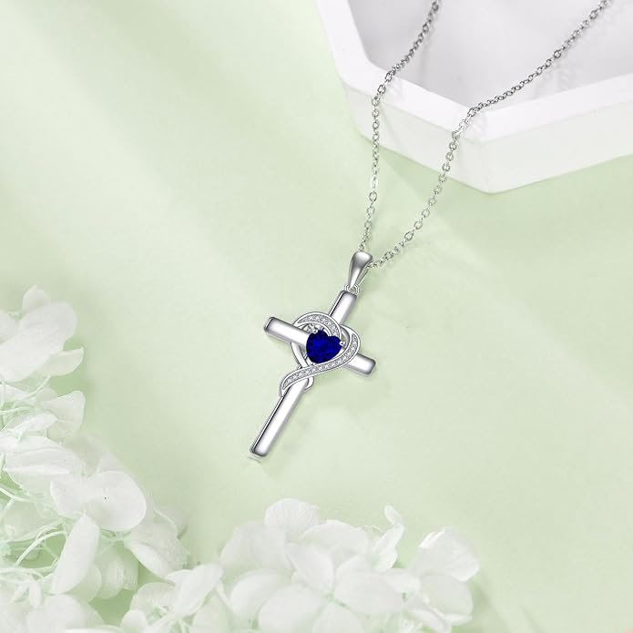 Cross Necklace for Women 925 Sterling Silver Infinity Love Heart Birthstone Pendant Necklace Cross Birthday Jewelry Gifts for Her