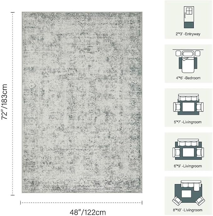 Rugxara 4x6 Area Rug for Living Room Bedroom Washable Rug, Grey | Non Slip, Throw Rug for Entryway Dining Room Office Kids Room, Stain Resistant, Soft, Low Pile, Vintage Boho Retro Carpet