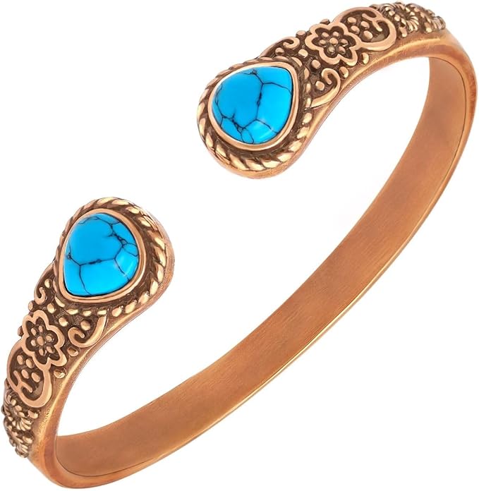 Copper Clasp for Women Magnetic Bracelet with 6 Powerful Magnets Vintage Flower Copper Bracelet with 2 Turquoise, Adjustable Cuff Elegant Jewelry Gift for Mom Wife