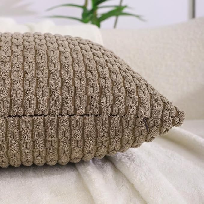 VAKADO Couch Throw Pillow Covers Decorative 20x20 Set of 4 Boho Rustic Corduroy Cushion Case Farmhouse Decor Square for Home Living Room Bed Sofa,Tan