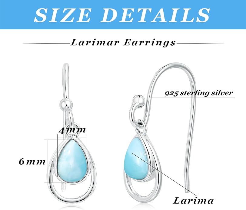 Larimar Dangle Earrings, 925 Sterling Silver Gemstone Larimar Drop Earrings for Women