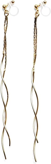 Comfortable Stick Invisible Clip On Earrings Gold Dangle Long Waved Threader Bar Clip-On Non Pierced Earrings Silver For Women,…