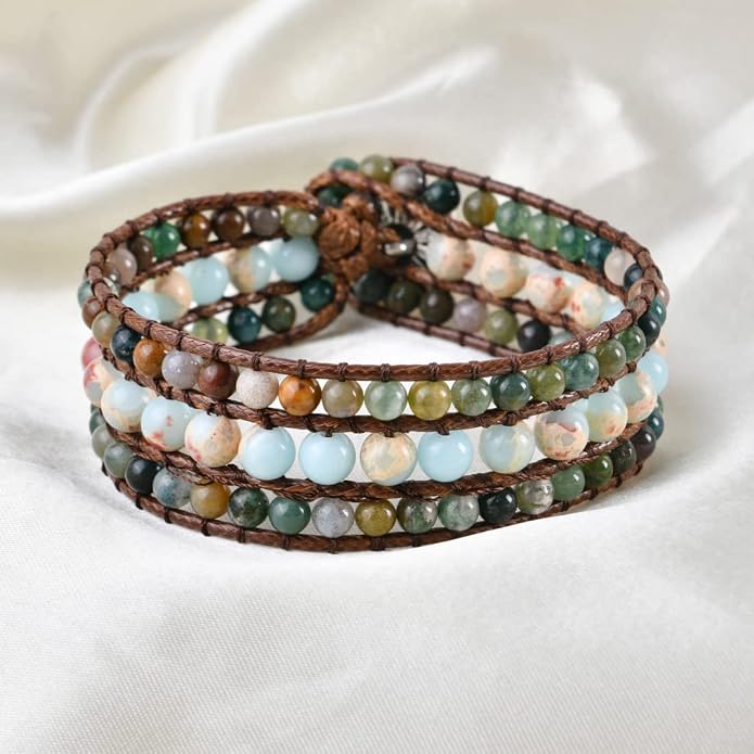 YGLINE Boho Handmade Natural Stone Bead 3 Row Wide Wrap Wrist Statment Bracelet Jewelry Collection