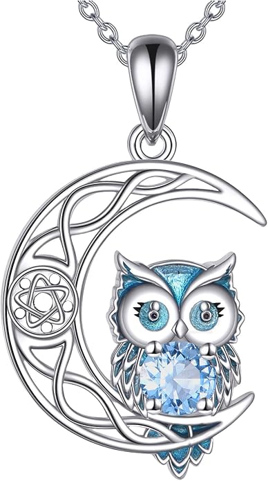 Owl Birthstone Necklace Sterling Silver Celtic Moon Pendant Cubic Zirconia Owls Jewelry Birthday Gifts for Women Men