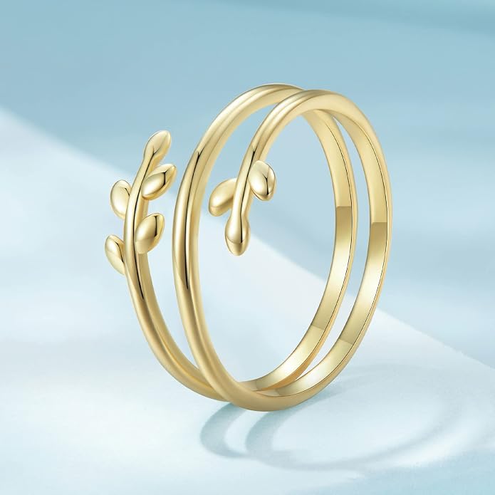 MUNDELL 925 Sterling Silver Simple Multi-layer Leaf Adjustable Ring Green Lucky Leaves Statement Ring for Women Promise Ring Fine Jewelry