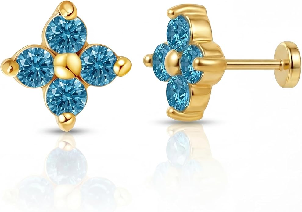 FANSING Short Threadless Cartilage Earring Stackable CZ Birthstone Flat Back Earrings for Women Small Stud Earrings for Tragus Helix Earlobe 18K Gold Plated ‌Rainbow 5.0mm