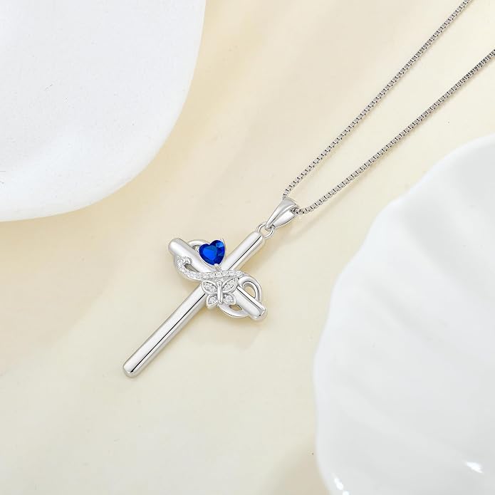 Infinity Butterfly Cross Necklace for Women 925 Sterling Silver Christian Religious Crucifix Pendant Birthstone Jewelry Gifts for Her