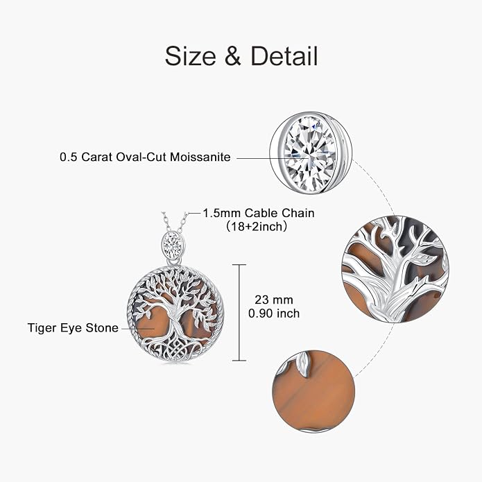 Tree of Life Moissanite Necklace, 925 Sterling Silver 0.5 Carat Moissanite Abalone Shell/Opal/Black Onyx/Turquoise/Malachite/Tiger Eye Stone Tree of Life Pendant Necklaces Jewelry Gift for Women Mom
