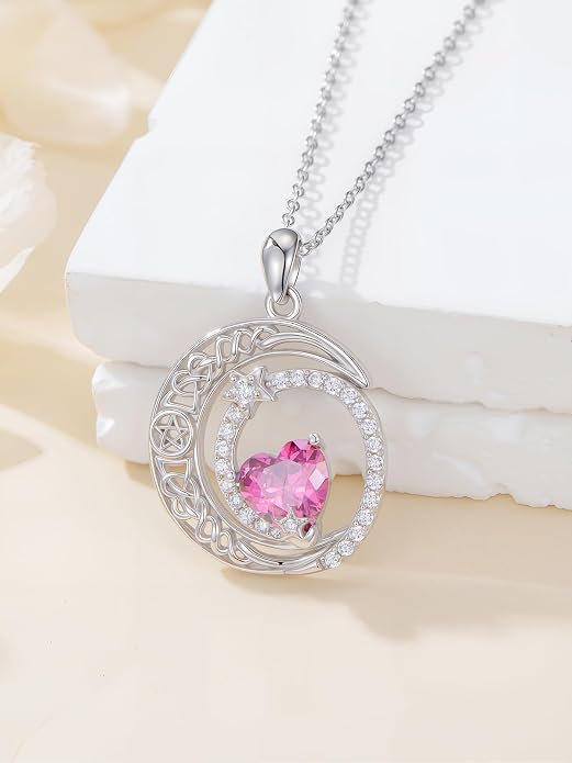 Dorunmo Heart Birthstone Necklace for Women 925 Sterling Silver Moon and Star Pendant Birthday Jewelry Gifts for Wife Her Daughter Mom