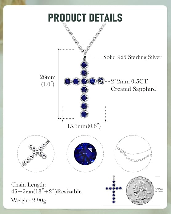 925 Sterling Silver 18 inch Birthstone Cross Pendant Necklace for Women Men